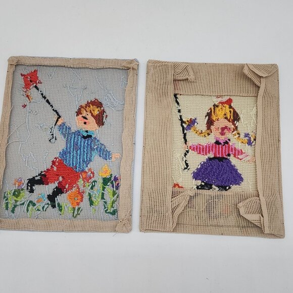 Vintage Finished Needlepoint Wall Hanging Boy & Girl Flying Kites In Flower Gard - Picture 4 of 8